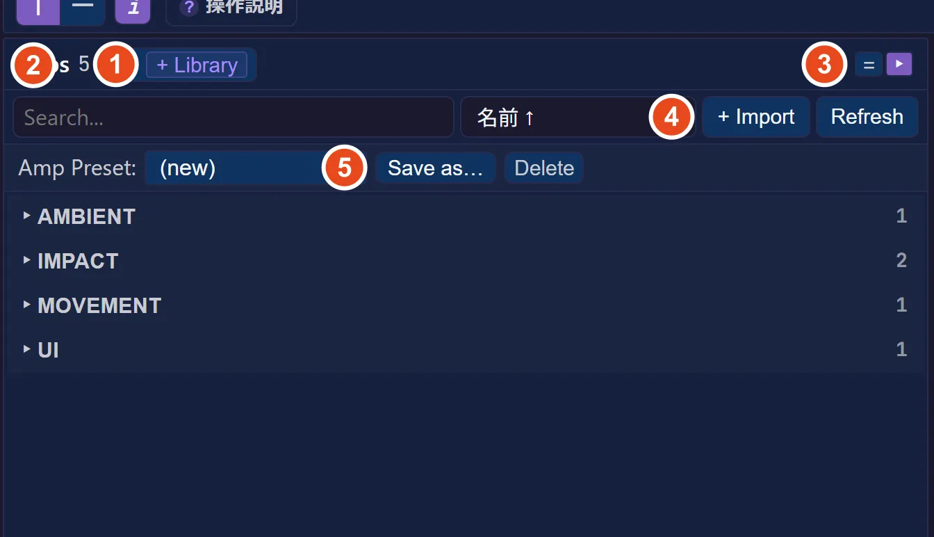 Library パネル。① Library フォルダ / ② 検索 / ③ フラット・ツリー / ④ Import / ⑤ Amp プリセット