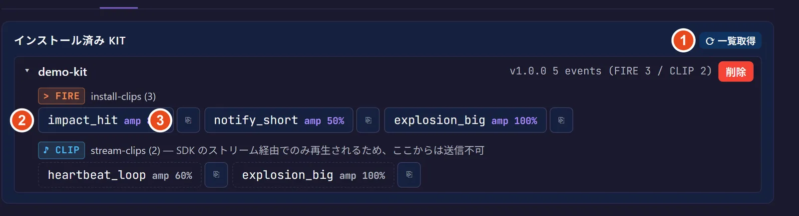 Kit セクション。① 一覧取得 / ② FIRE 発火テスト / ③ Event ID コピー