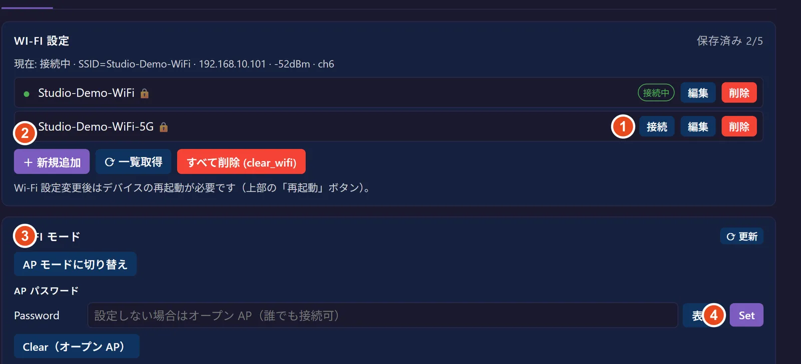 Wi-Fi セクション。① 保存プロファイル操作 / ② 追加 / ③ Wi-Fi モード切替 / ④ AP パスワード