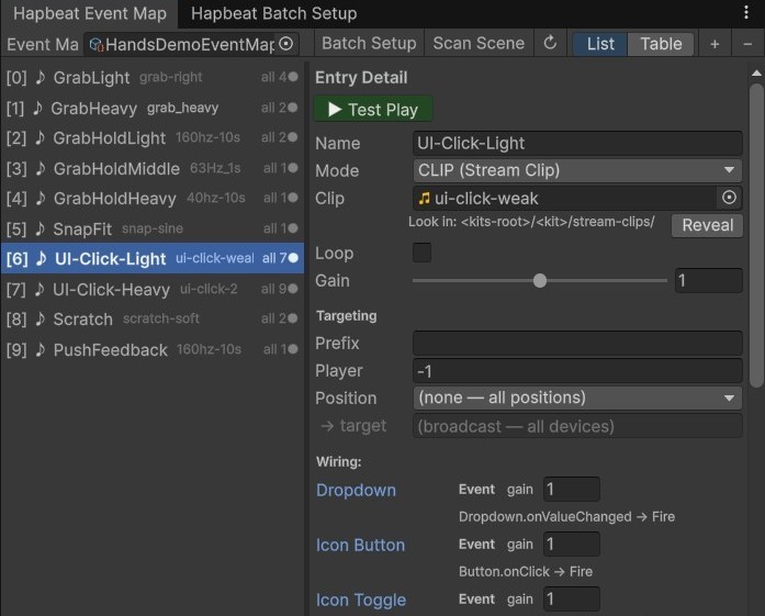 Unity の Hapbeat Event Map ウィンドウ。左ペインに Event のリスト、右ペインに選択中エントリの詳細 (Mode / Clip / Gain / Targeting / Wiring) が表示されている